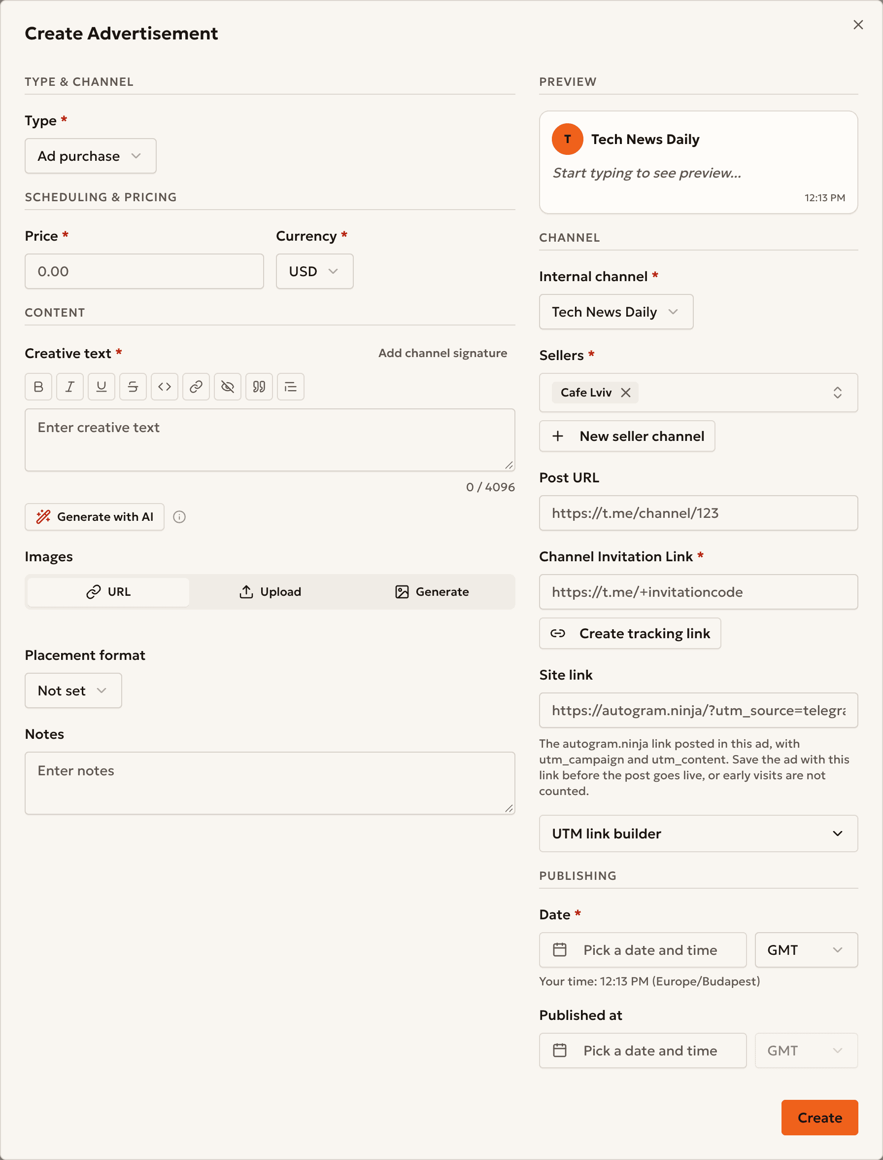 The Create Advertisement window set to Ad purchase