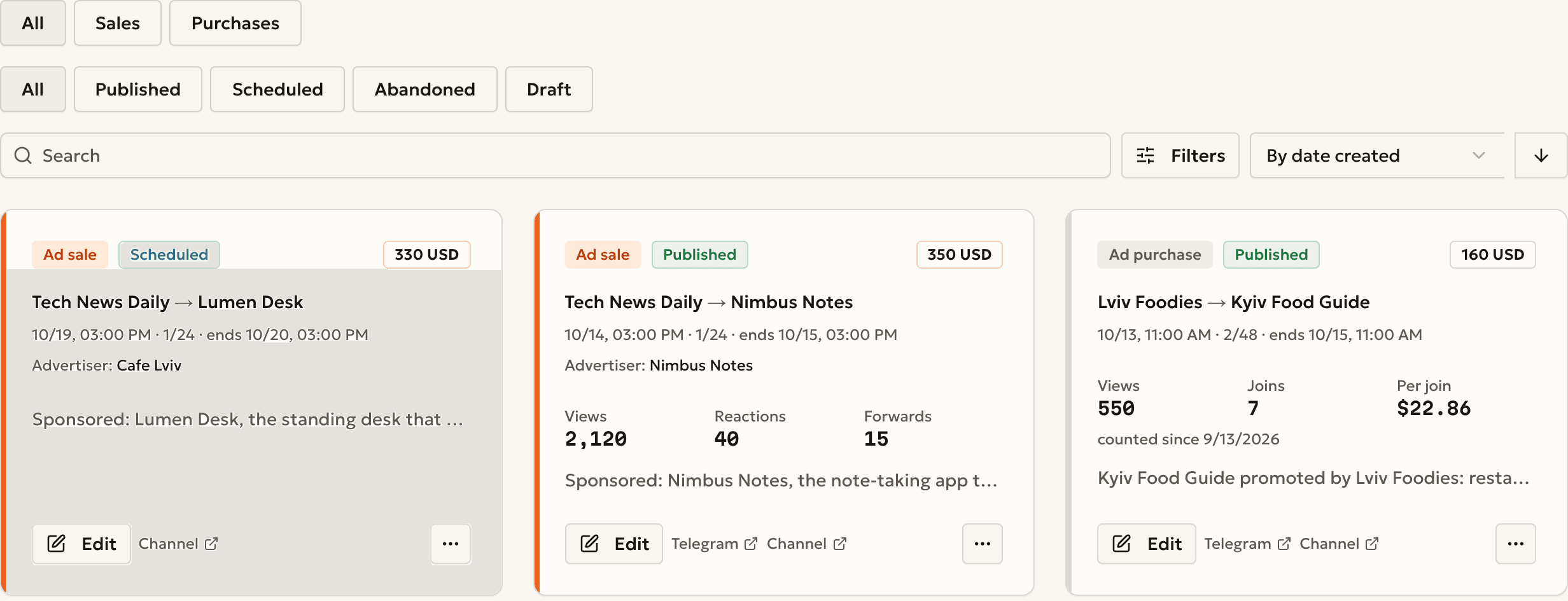 The ads list with filters and ad cards