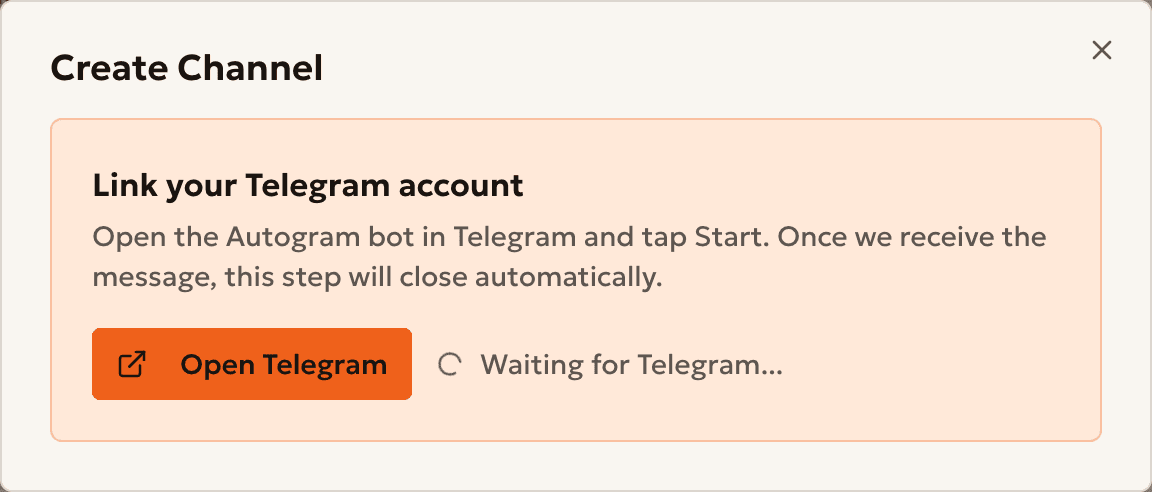 The window that asks you to link your Telegram account