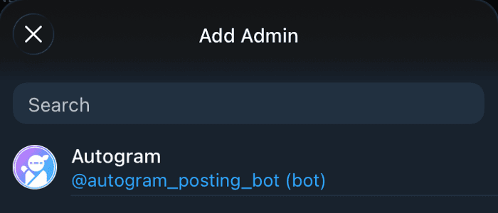 Telegram's Add Admin screen with the Autogram bot