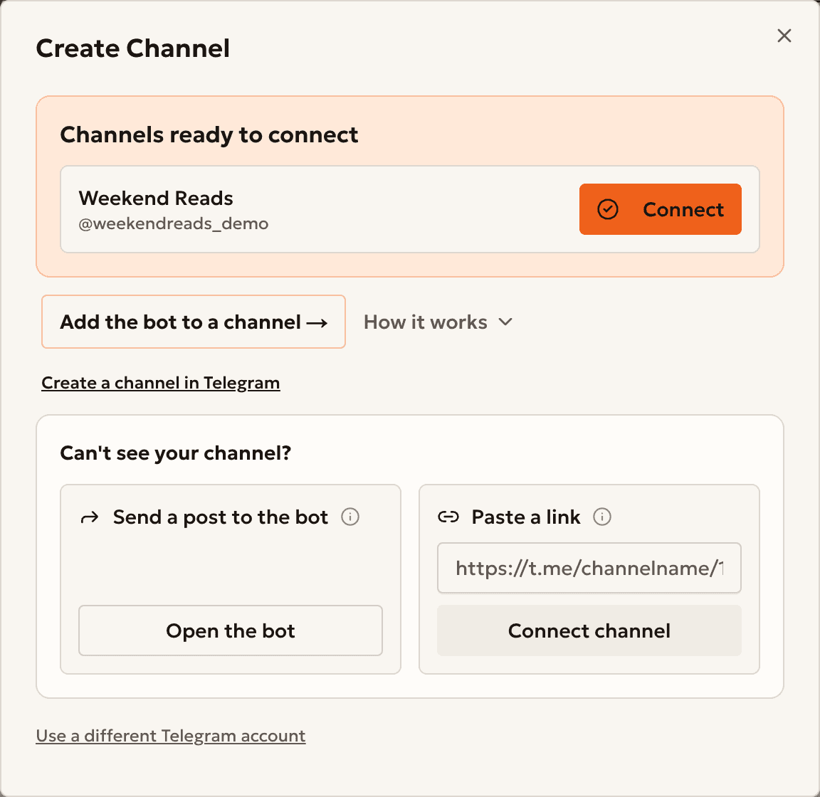 The connect window with a channel ready to connect