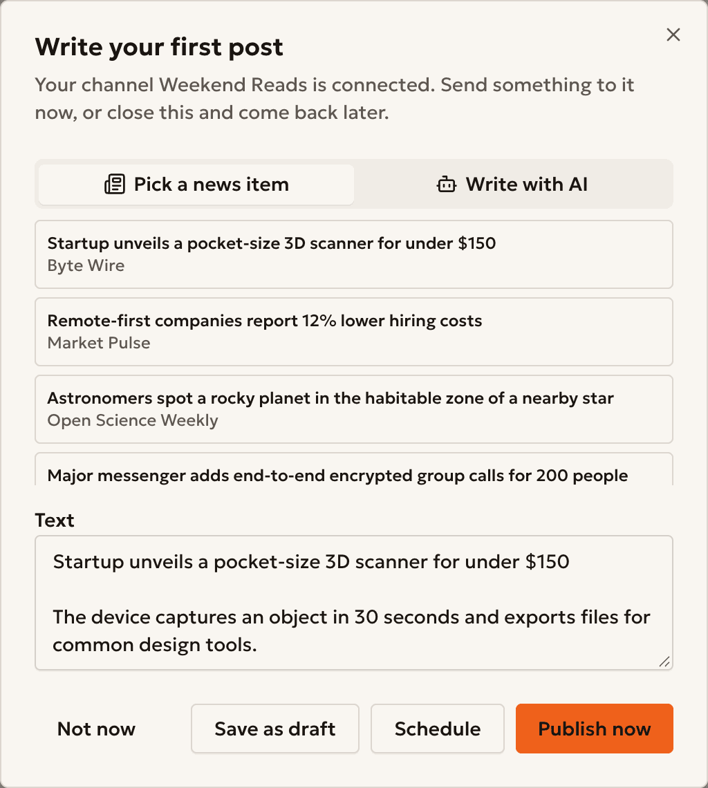 The first post window with a news item picked