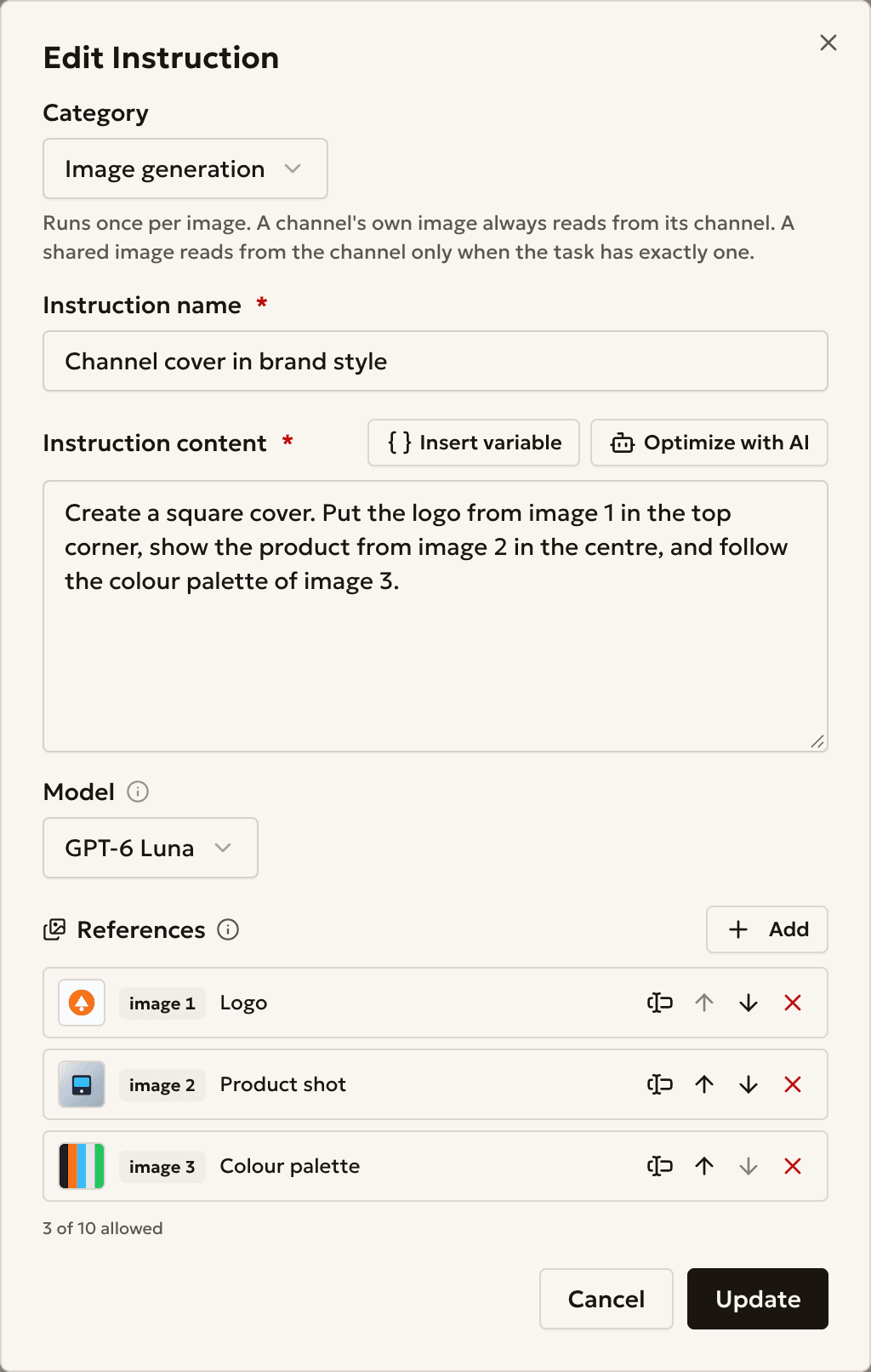 The Edit Instruction window with the References panel