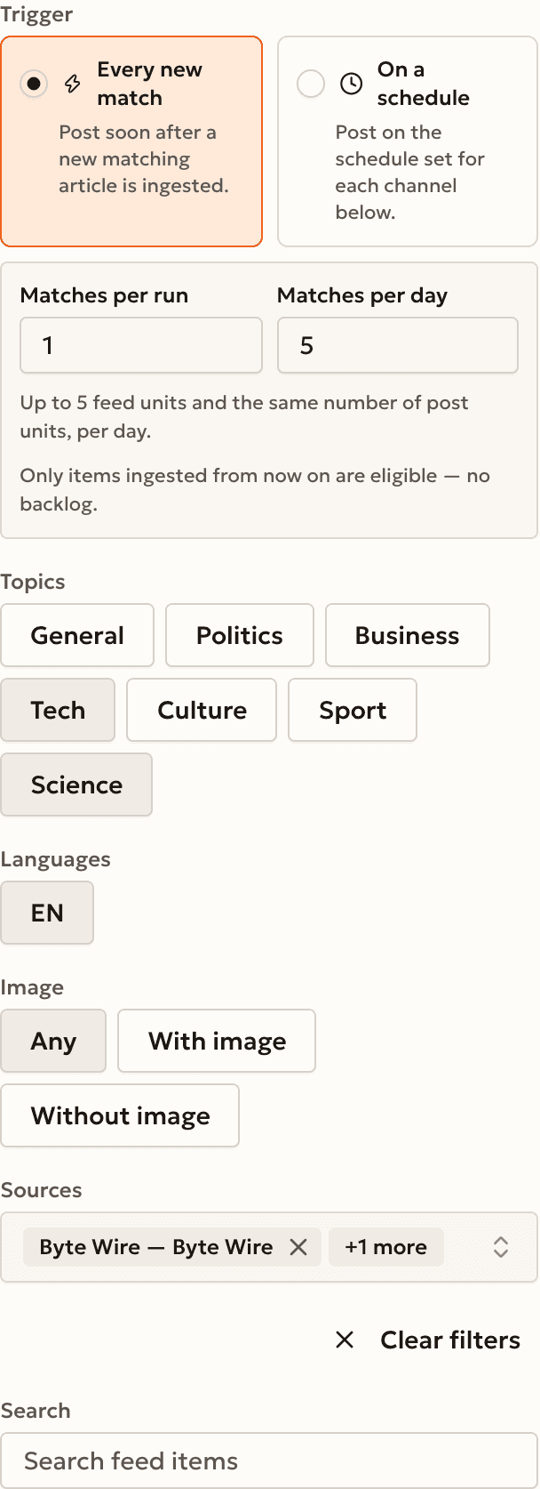 The automation builder with the feed trigger, limits and filters