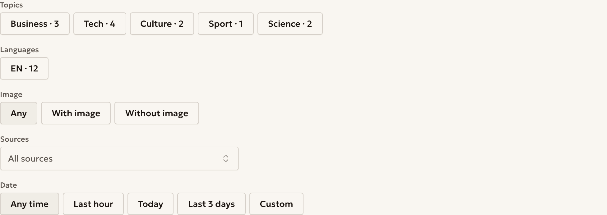 The feed filters: topics, languages, image, sources and date